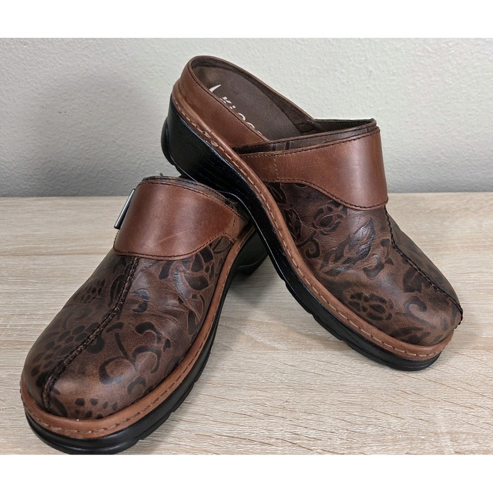 KLOGS Austin Leather Brown Flower Tool Clogs Comfort Non Slip Women Size 8 M